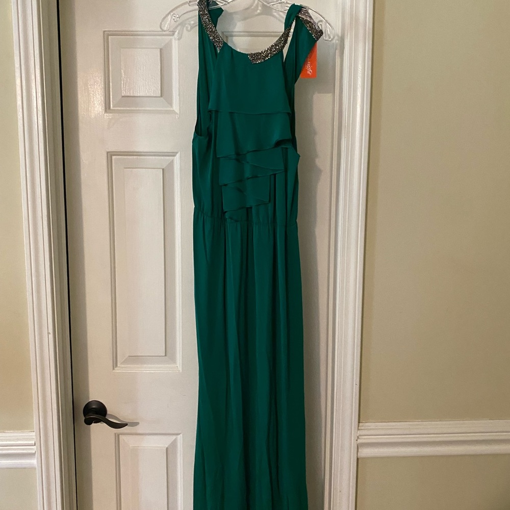 Roberto Rodriguez emerald green beaded neckline long dress